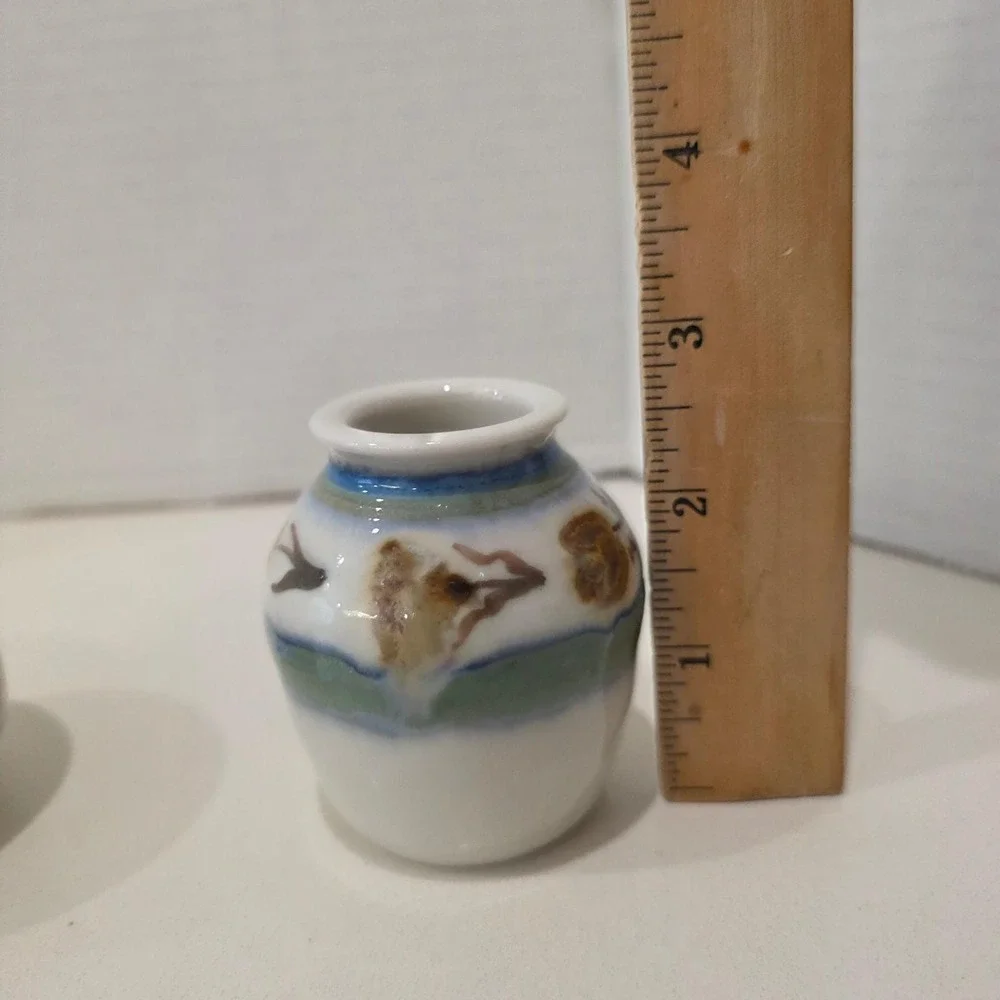 Set of 4 Miniature Studio Pottery Vases & Bowl Sign CR?CS Artisan Glazed Ceramic